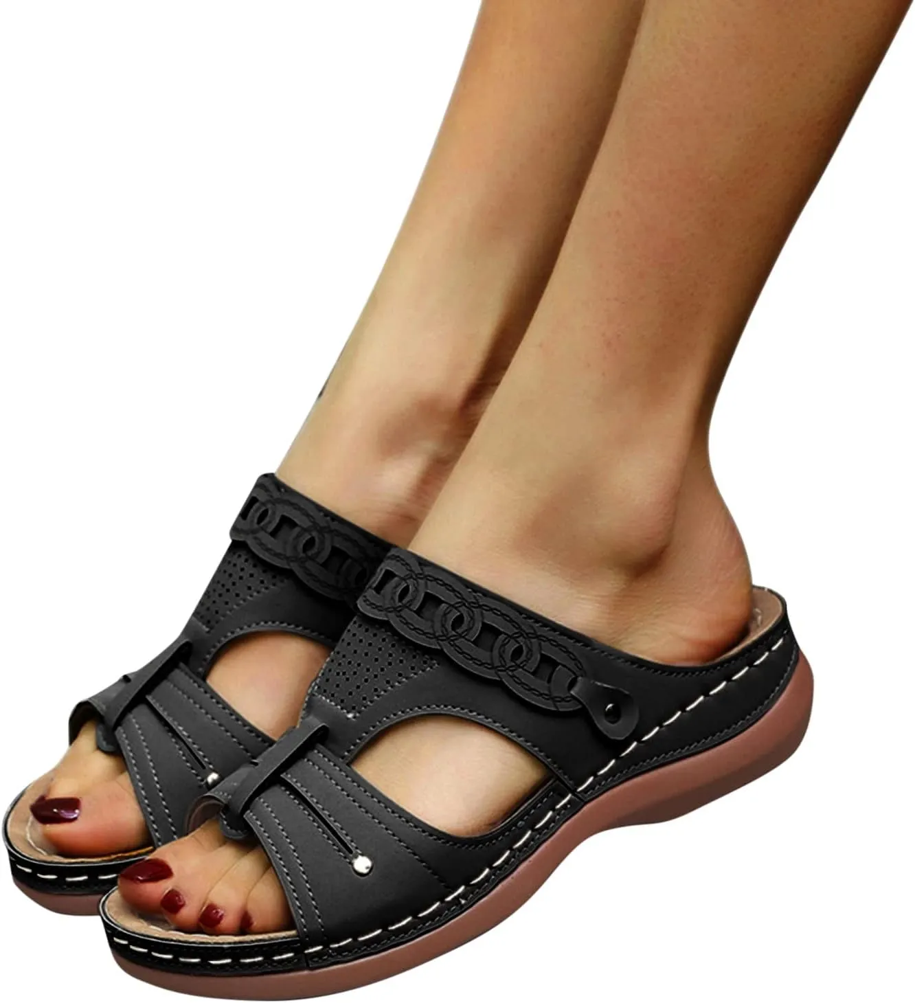 Womens Wedge Sandals Leather Dressy Sandal Rubber Sole Vintage Hollow Summer Slippers Casual Outdoor Round Toe Shoes Fashion Flat Woman Slingback Shoe