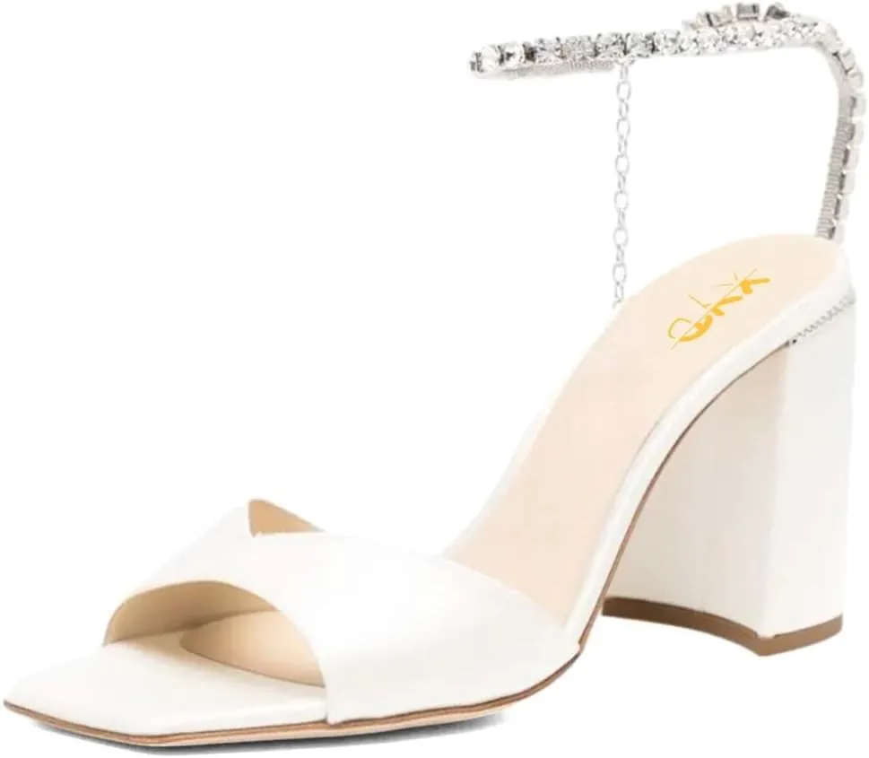 XYD Women's Chunky Block Heel Sandals Crystal Chain Ankle Strap Square Open Toe Pumps Stylish Evening Party Prom Shoes