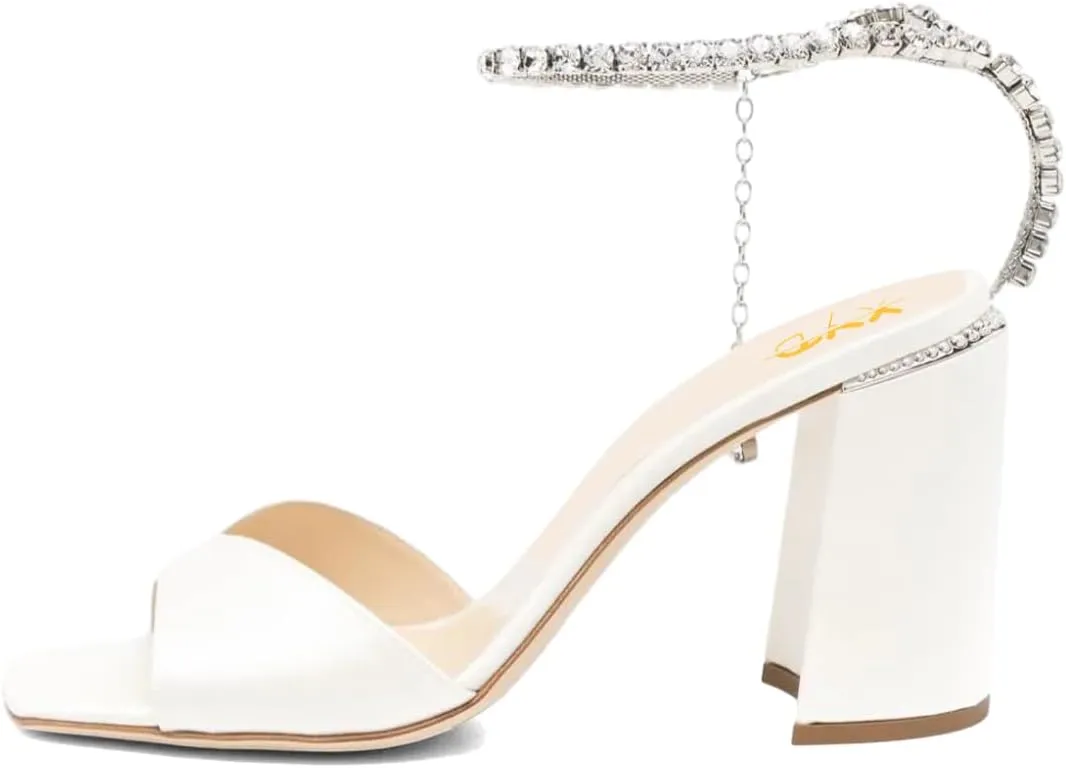 XYD Women's Chunky Block Heel Sandals Crystal Chain Ankle Strap Square Open Toe Pumps Stylish Evening Party Prom Shoes