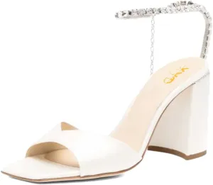 XYD Women's Chunky Block Heel Sandals Crystal Chain Ankle Strap Square Open Toe Pumps Stylish Evening Party Prom Shoes