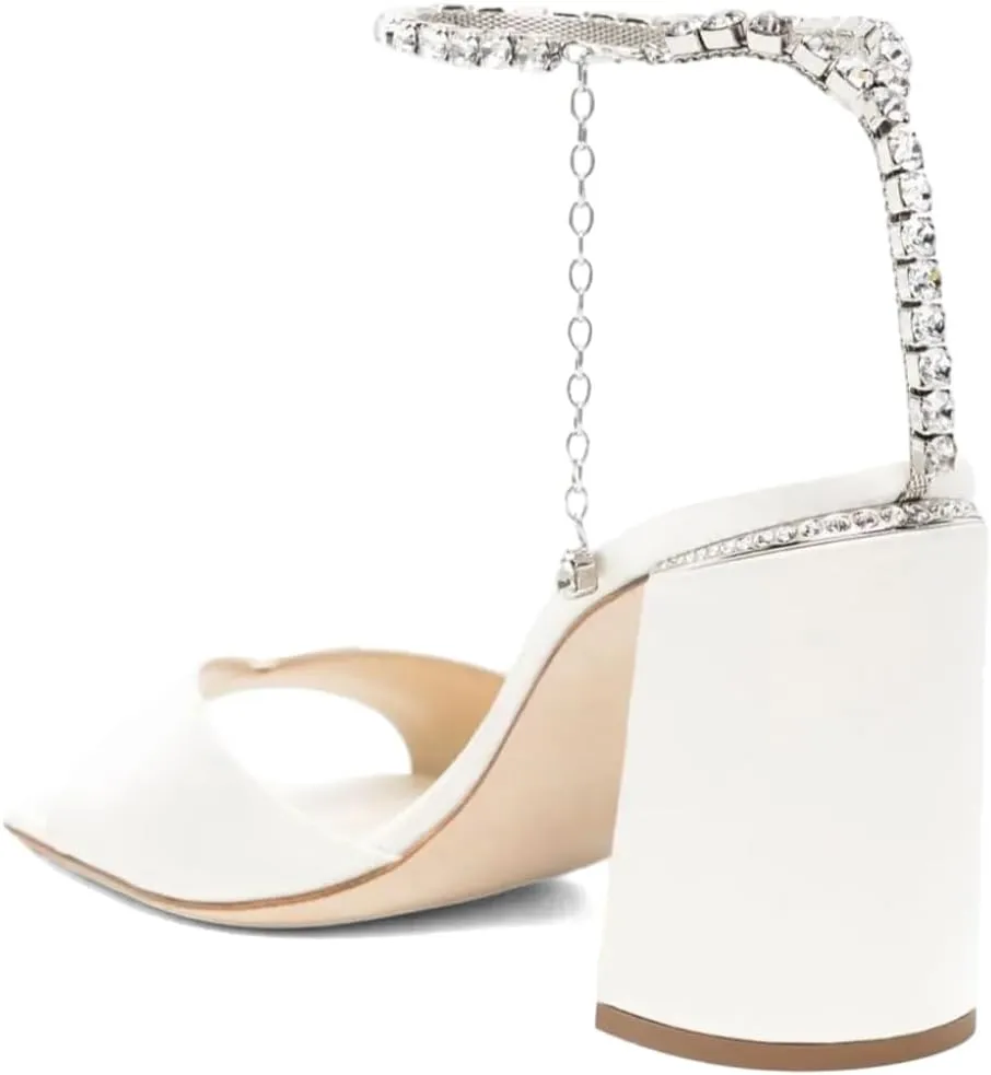 XYD Women's Chunky Block Heel Sandals Crystal Chain Ankle Strap Square Open Toe Pumps Stylish Evening Party Prom Shoes