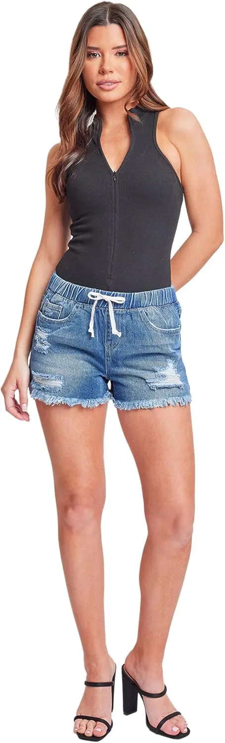 YMI Women's Dream High Rise Jean Joggers Shorts with Tie