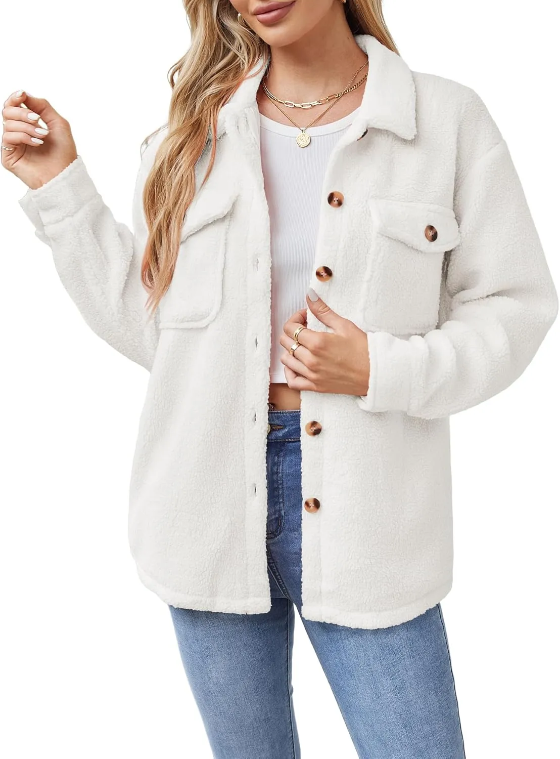 ZAFUL Womens Winter Sherpa Fleece Jacket Button Down Long Sleeve Warm Fuzzy Outwear Coat with Pockets