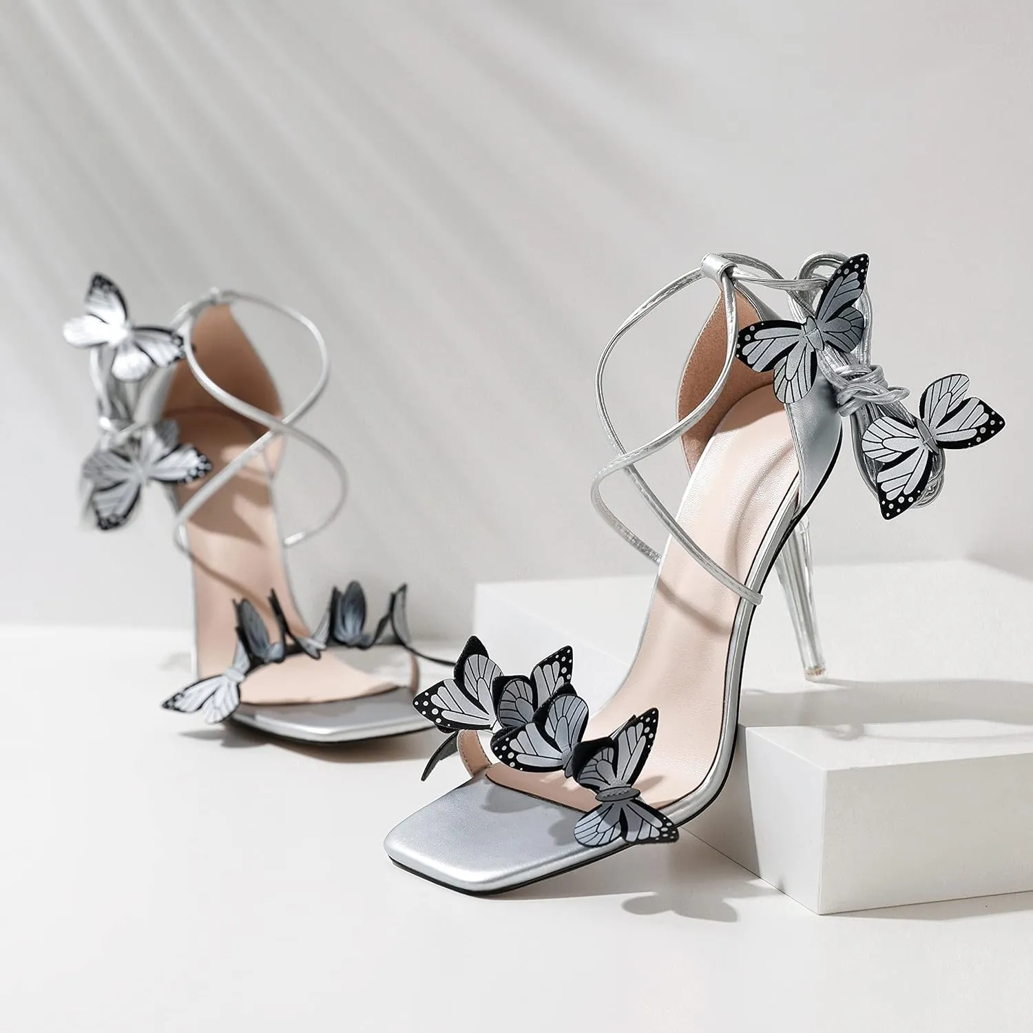 Zamikoo High Heeled Sandals for Women, Ankle Strap Open Toe High Heel Butterfly Heels, Strappy Lace Up Square Toe Stiletto Clear Heels 4 Inches