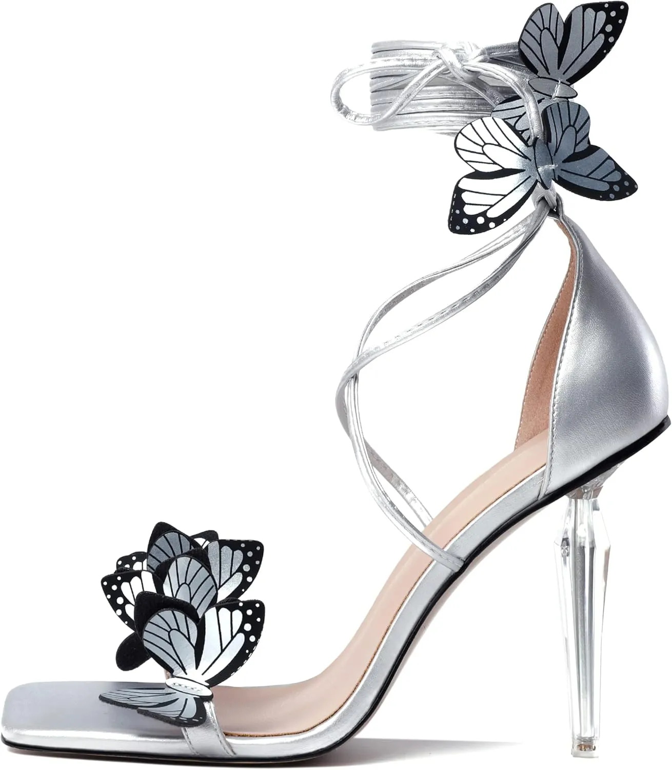 Zamikoo High Heeled Sandals for Women, Ankle Strap Open Toe High Heel Butterfly Heels, Strappy Lace Up Square Toe Stiletto Clear Heels 4 Inches