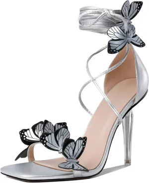 Zamikoo High Heeled Sandals for Women, Ankle Strap Open Toe High Heel Butterfly Heels, Strappy Lace Up Square Toe Stiletto Clear Heels 4 Inches