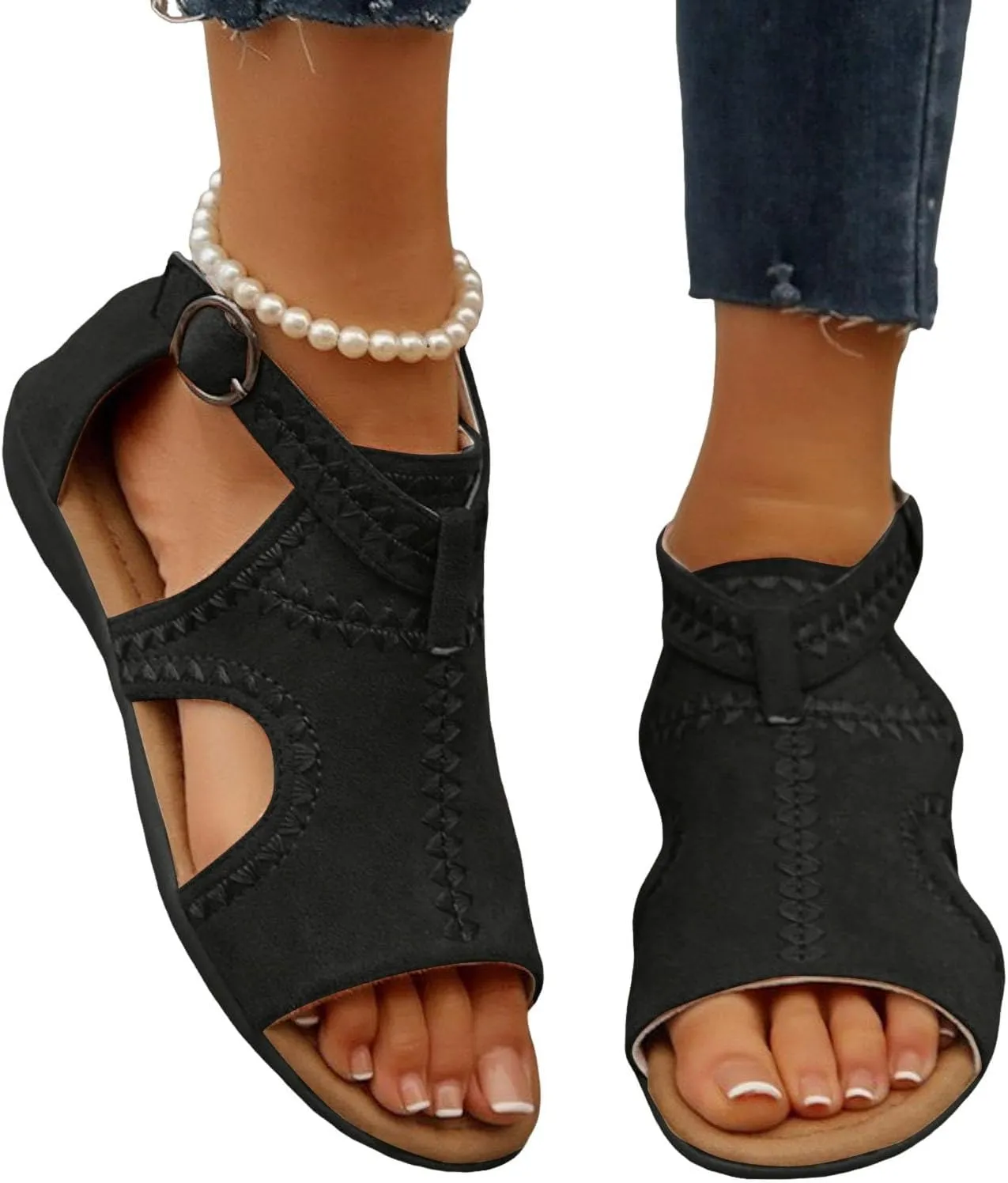 ZSpzx Flat Sandals for Women 2025,Ladies Summer Peep Toe Slip On Strappy Lightweight Sandal Comfortable Beach Hollow Out Non-Slip Casual Shoes Stylish Footwear for Daily Wear Outdoor Indoor